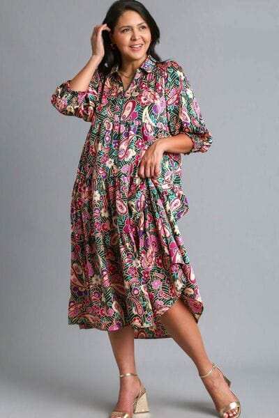 Umgee Full Size Paisley Print Satin Tiered Midi Dress Plus Size - Trendsi - Flyclothing LLC