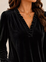 V-Neck Ruffle Trim Velvet Blouse - Trendsi - Flyclothing LLC