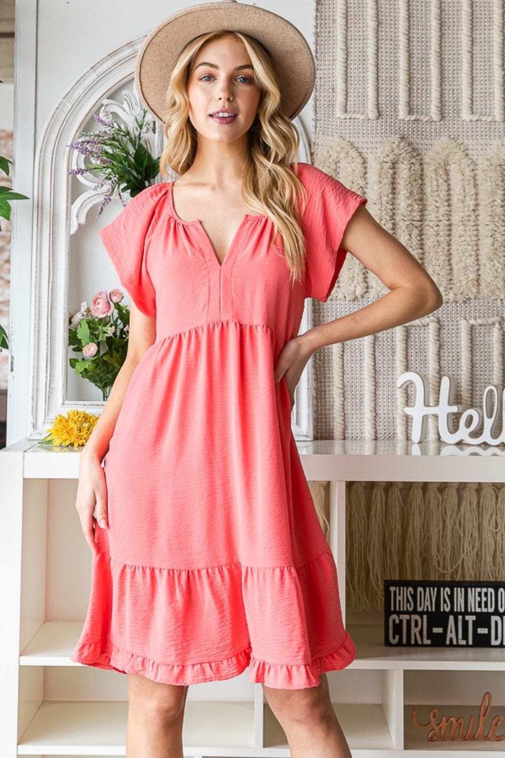 Reborn J Ruffled Notched Cap Sleeve Dress - Trendsi - Flyclothing LLC