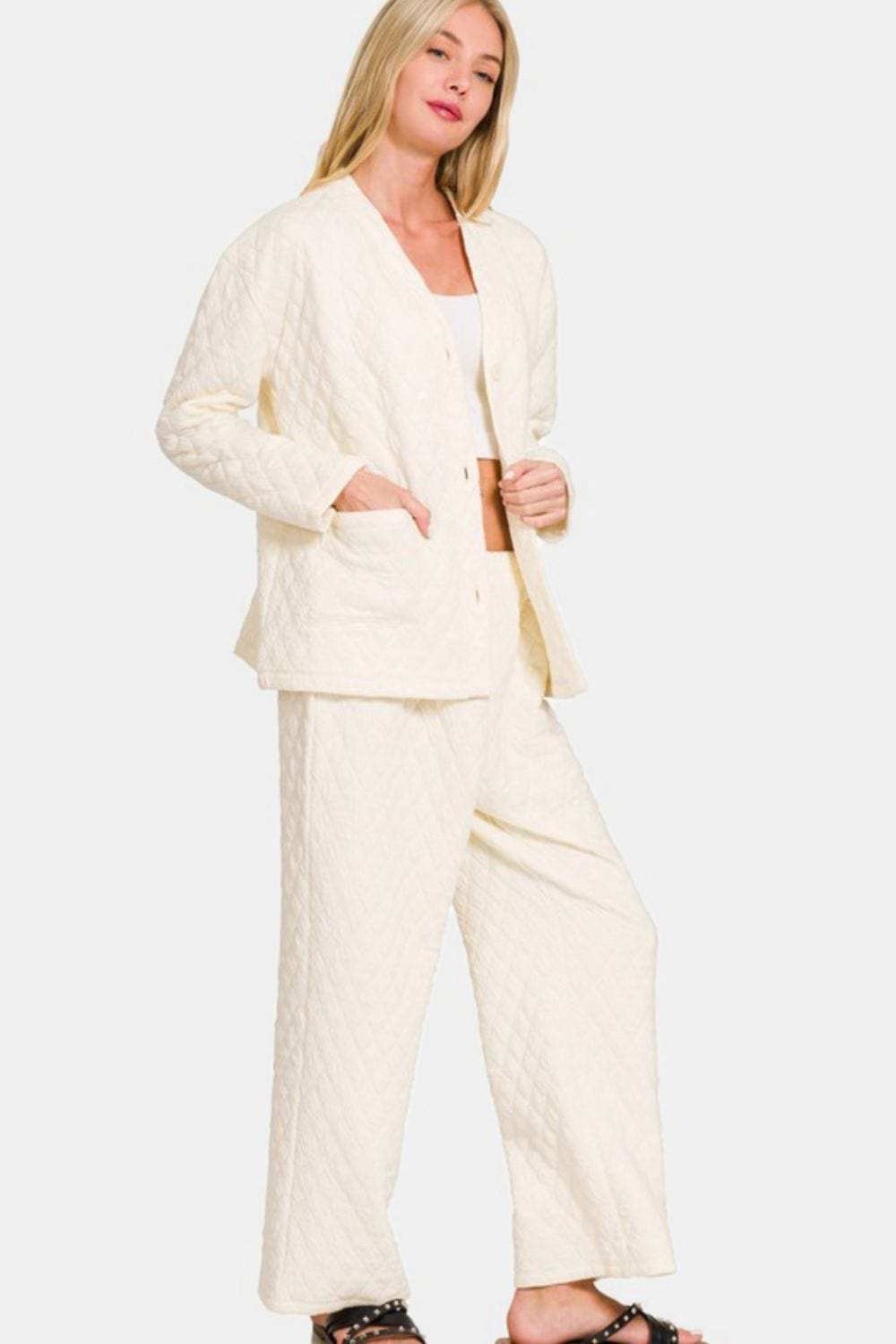 Zenana Quilted Button Up Long Sleeve Top and Pants Lounge Set - Trendsi - Flyclothing LLC