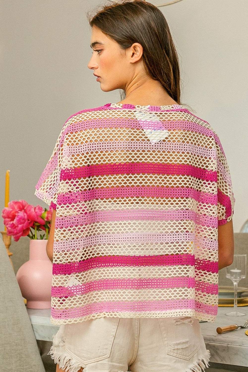 BiBi Striped Openwork Short Sleeve Knit Cover Up - Trendsi - Flyclothing LLC