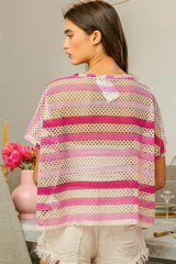 BiBi Striped Openwork Short Sleeve Knit Cover Up - Trendsi - Flyclothing LLC