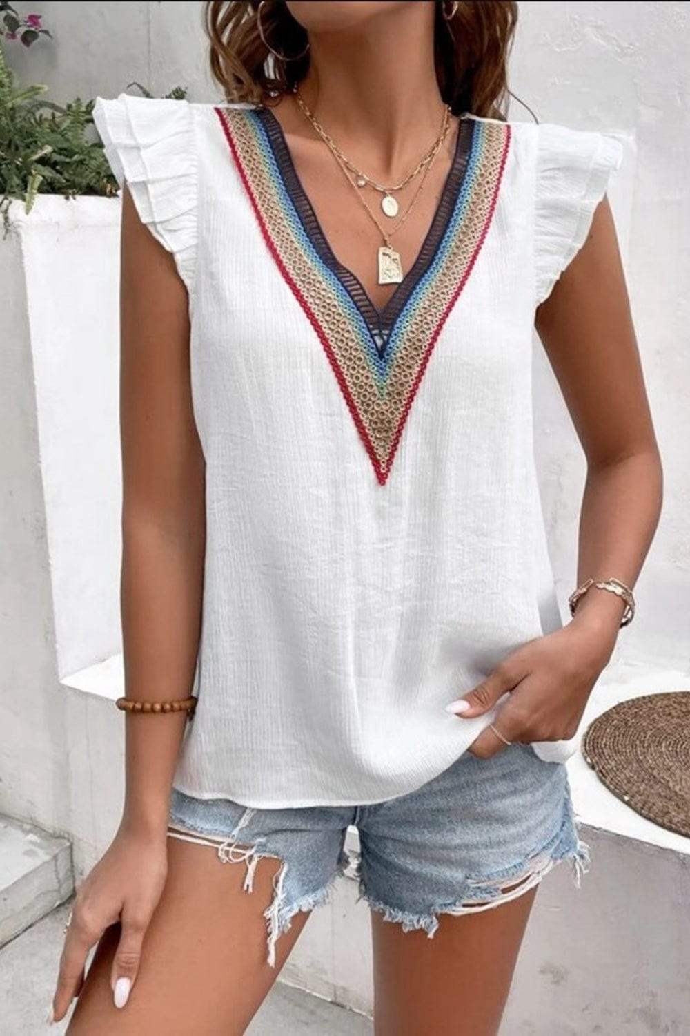 Full Size Ruffled V-Neck Cap Sleeve Blouse - Trendsi - Flyclothing LLC