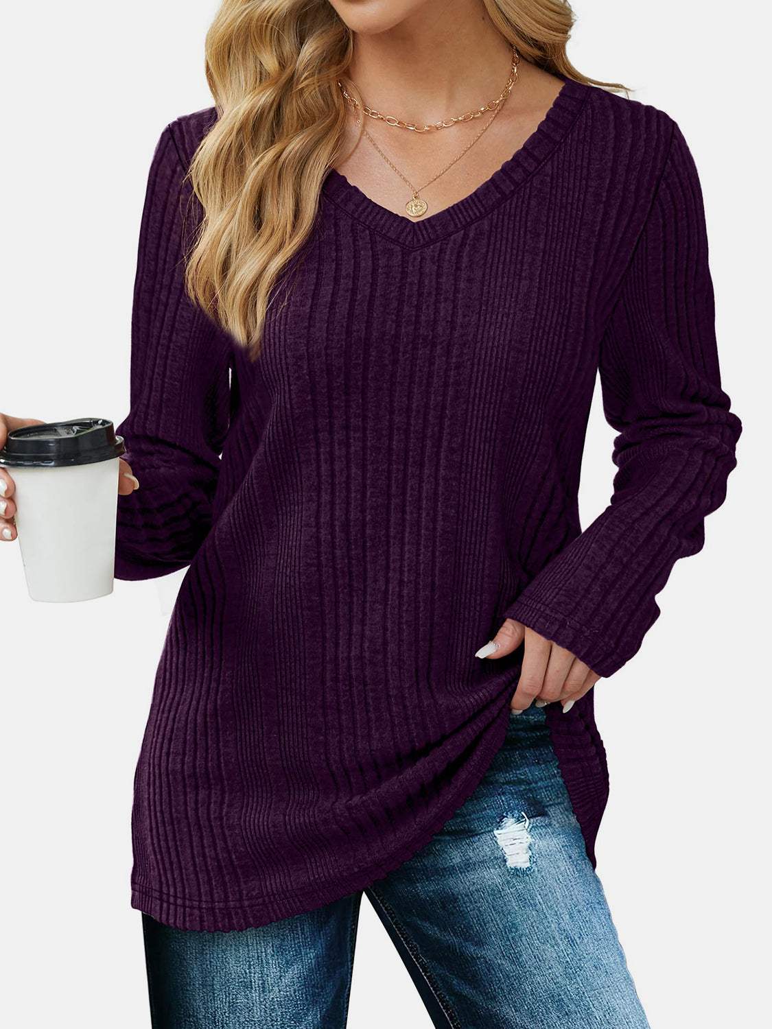 V-Neck Long Sleeve T-Shirt - Trendsi - Flyclothing LLC