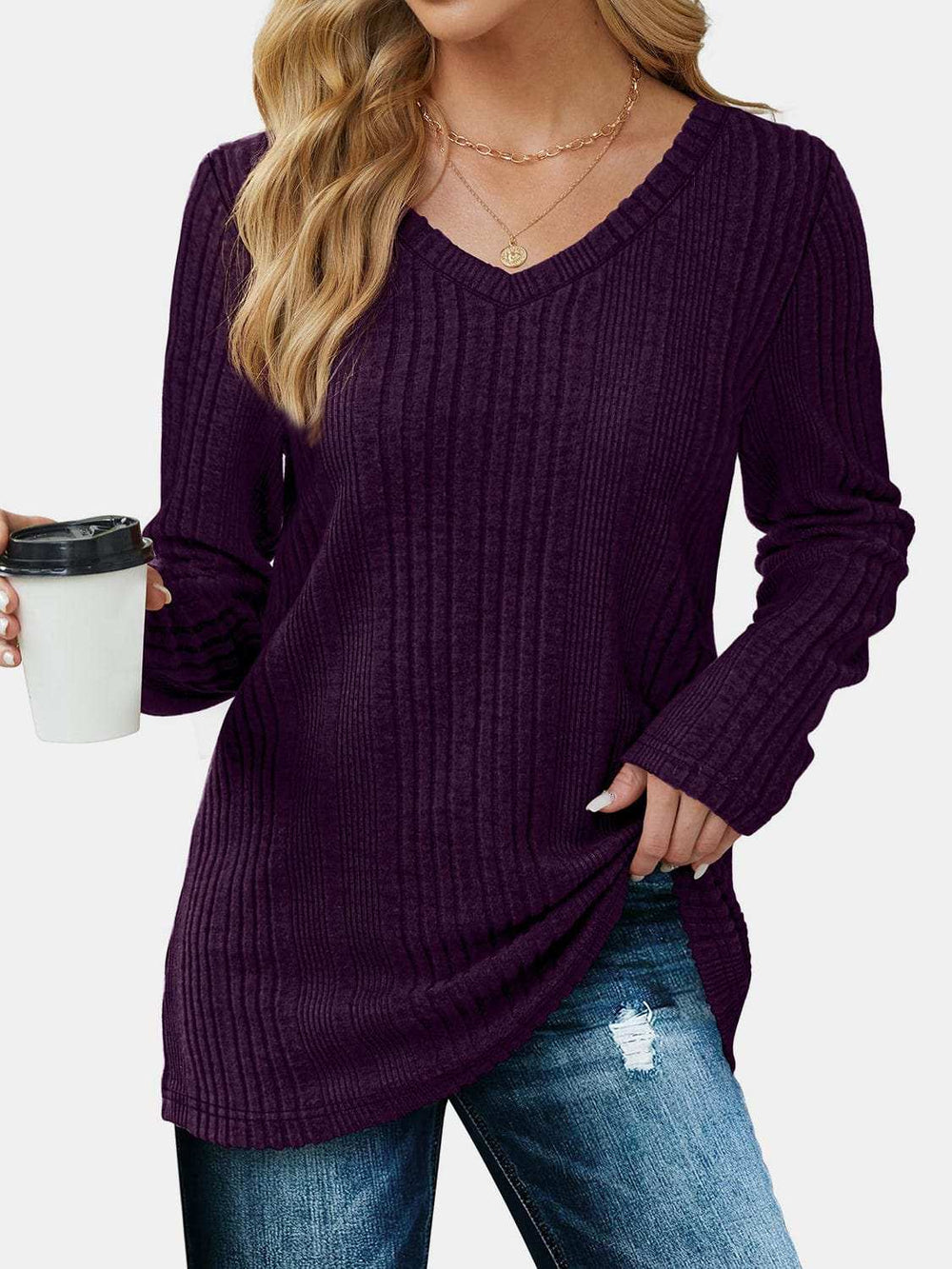 V-Neck Long Sleeve T-Shirt - Trendsi - Flyclothing LLC