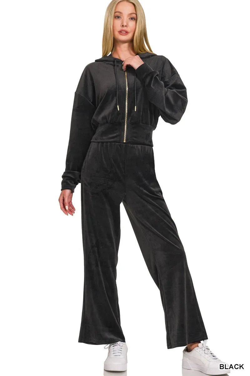 Zenana Velvet Zip Up Hoodie and Pants Set - Trendsi - Flyclothing LLC