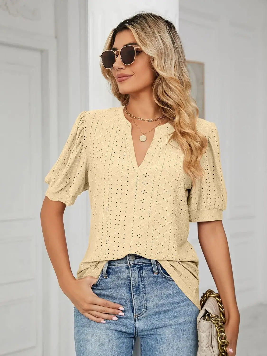 Florira Eyelet Notched Short Sleeve T-Shirt - Trendsi - Flyclothing LLC