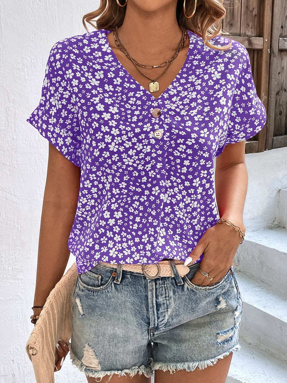 Printed V-Neck Short Sleeve Blouse - Trendsi - Flyclothing LLC