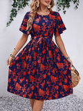 Printed Round Neck Short Sleeve Dress - Trendsi