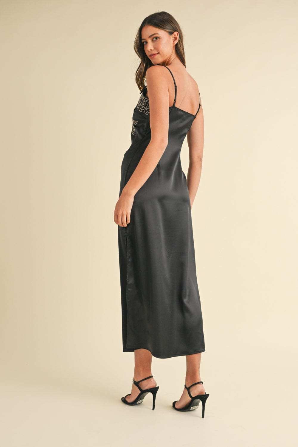 Mable Embroidered Cami Satin Midi Slit Dress - Trendsi - Flyclothing LLC