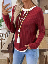 Ribbed Knit Long Sleeve Fake Two-Piece T-Shirt - Trendsi - Flyclothing LLC