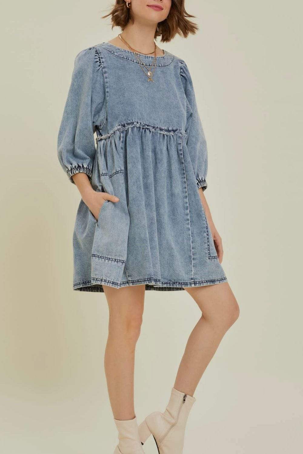 Cutout Round Neck Balloon Sleeve Denim Dress - Trendsi - Flyclothing LLC