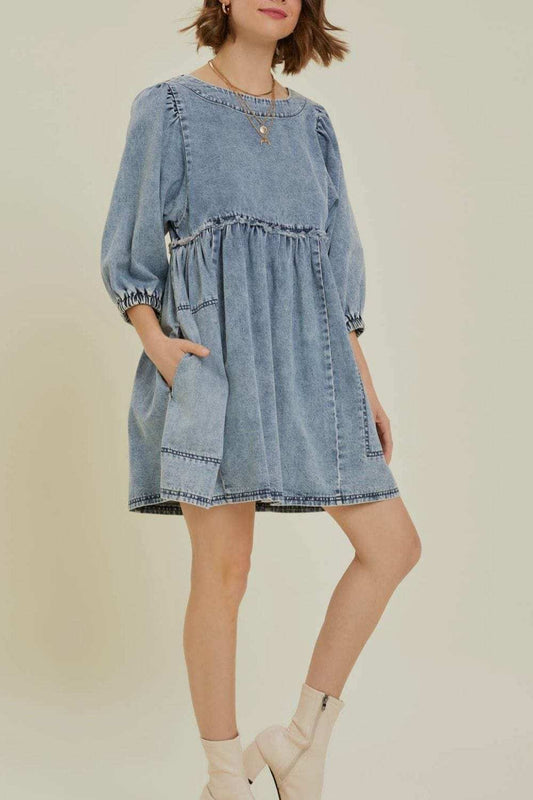 Cutout Round Neck Balloon Sleeve Denim Dress - Trendsi - Flyclothing LLC