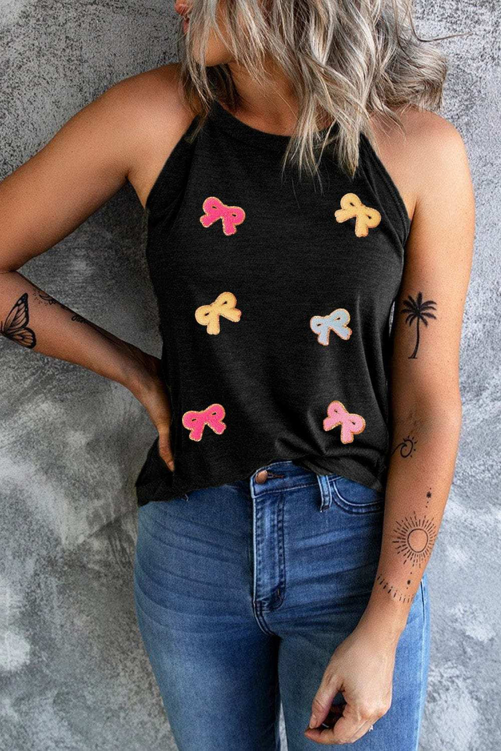 Bow Print Grecian Neck Tank - Trendsi - Flyclothing LLC