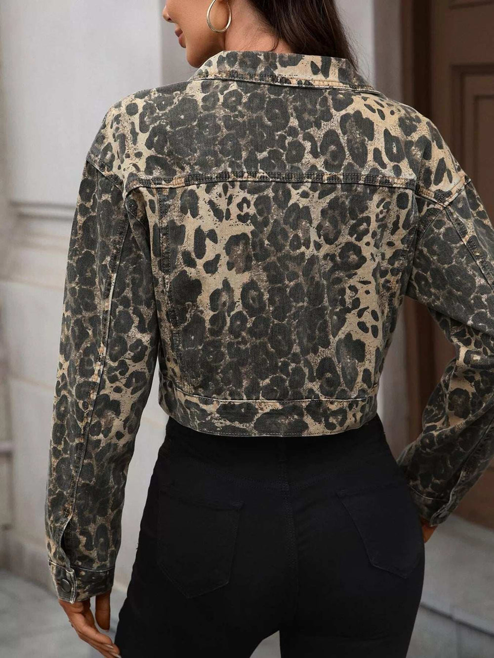 Leopard Button Up Cropped Denim Jacket - Trendsi - Flyclothing LLC