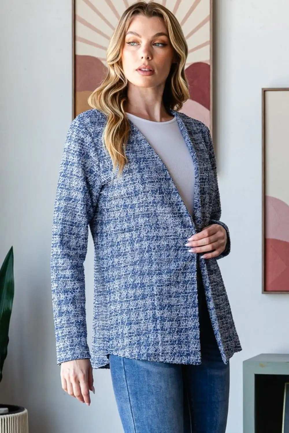 Heimish Full Size Houndstooth Tweed Open Front Blazer - Trendsi - Flyclothing LLC