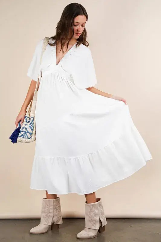 VERY J Mineral Washed Elastic Neck Detail Midi Dress - Trendsi - Flyclothing LLC
