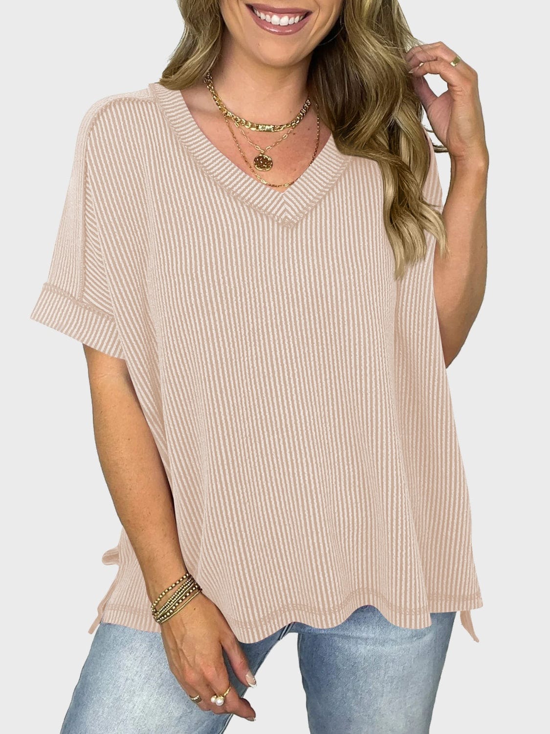 Lovelet Texture V-Neck Half Sleeve T-Shirt - Trendsi