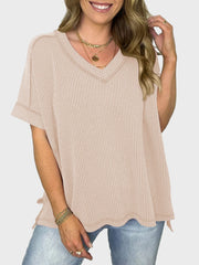 Lovelet Texture V-Neck Half Sleeve T-Shirt - Trendsi