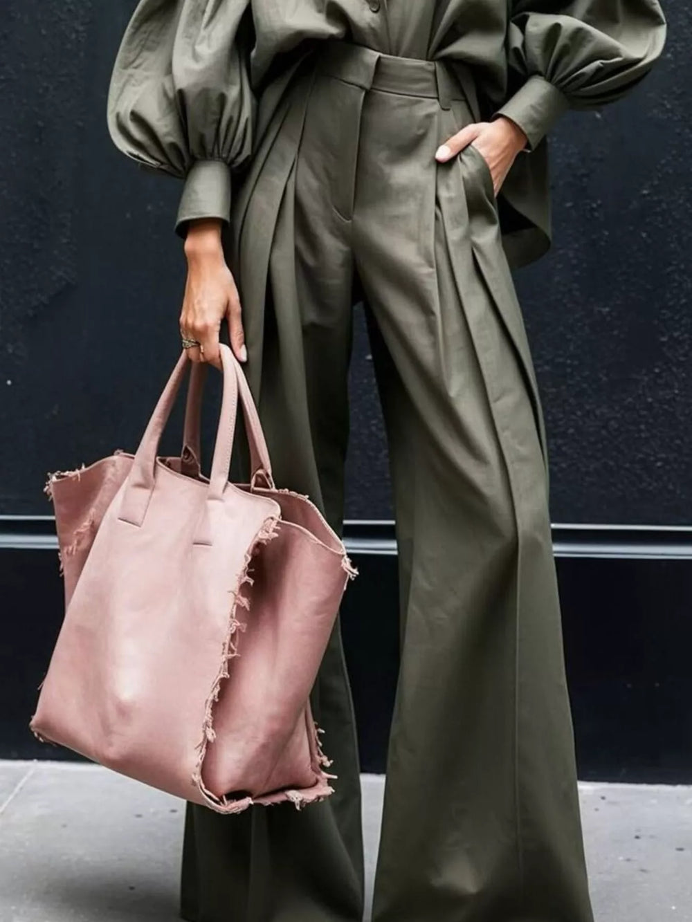 Lantern Sleeve Shirt and Wide Leg Pants Set - Trendsi - Flyclothing LLC