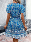 Printed V-Neck Flutter Sleeve Mini Dress - Trendsi
