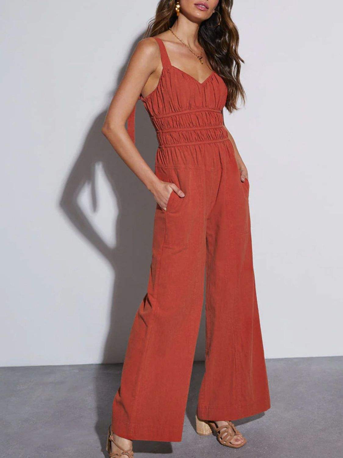 Ruched Wide Strap Jumpsuit with Pockets - Trendsi - Flyclothing LLC