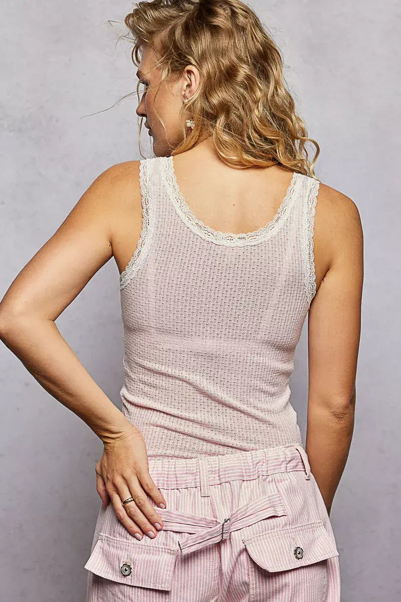 POL Lace Trim Tank with Front Button Closure - Trendsi - Flyclothing LLC