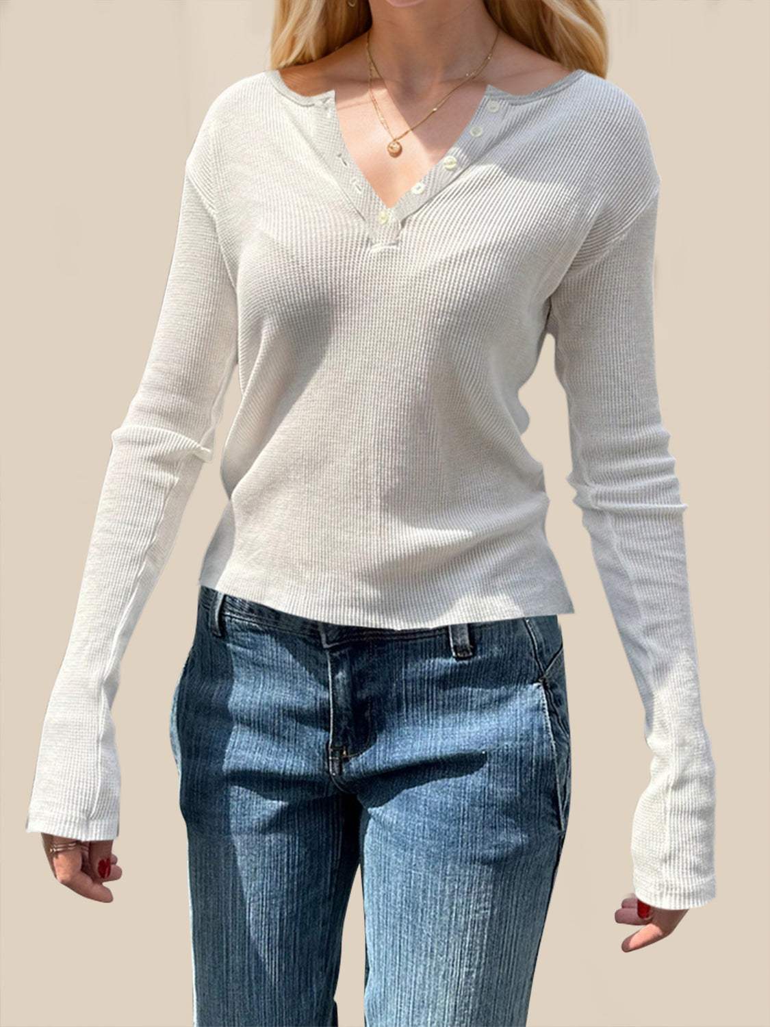Devine Quarter Button Long Sleeve T-Shirt - Trendsi - Flyclothing LLC