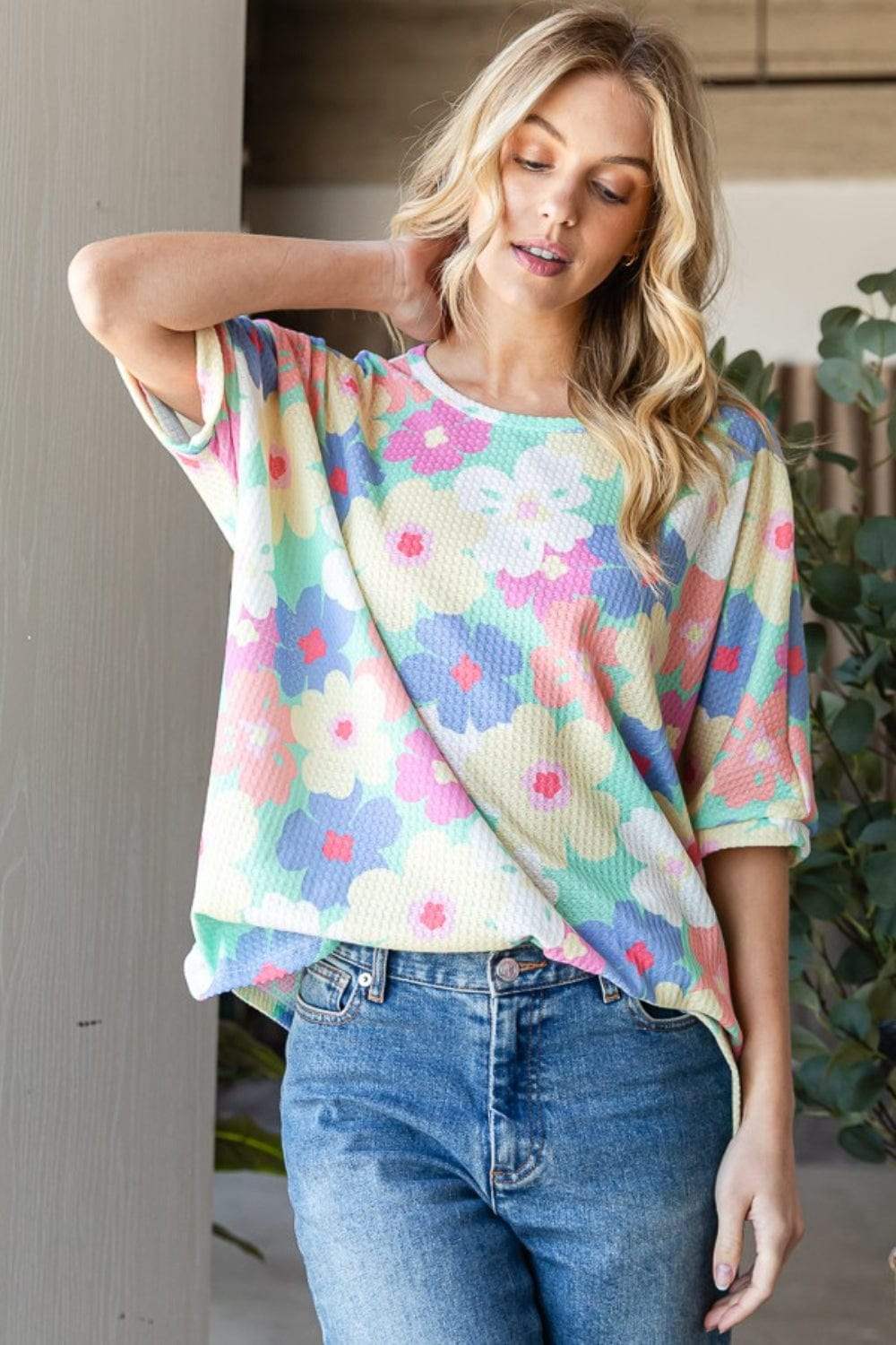 HOPELY Floral Waffle Oversized T-Shirt - Trendsi - Flyclothing LLC