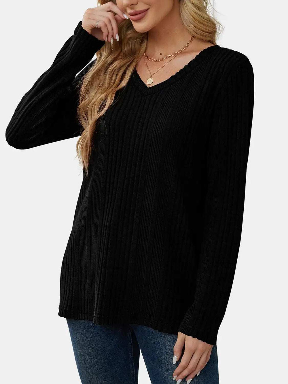 V-Neck Long Sleeve T-Shirt - Trendsi - Flyclothing LLC