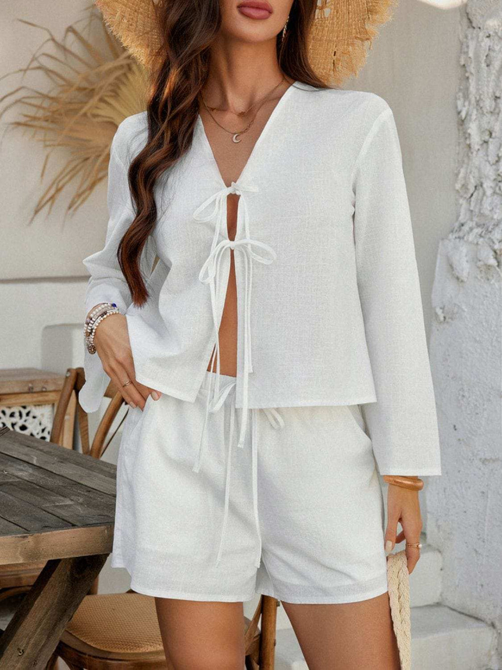 Devine Double Tied V-Neck Top and Shorts Set - Trendsi - Flyclothing LLC