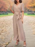 Tied Short Sleeve Wide Leg Jumpsuit - Trendsi