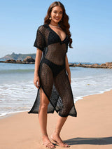 Slit Openwork Johnny Collar Short Sleeve Cover-Up - Trendsi - Flyclothing LLC