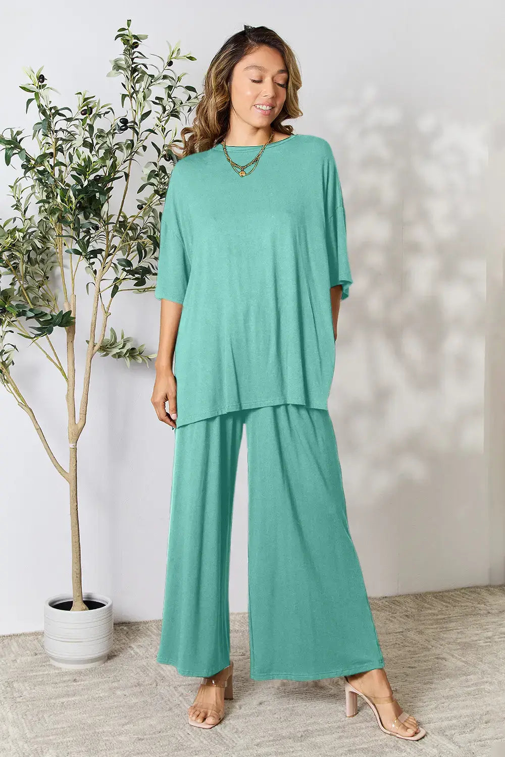 Double Take Full Size Round Neck Slit Top and Pants Set - Trendsi - Flyclothing LLC