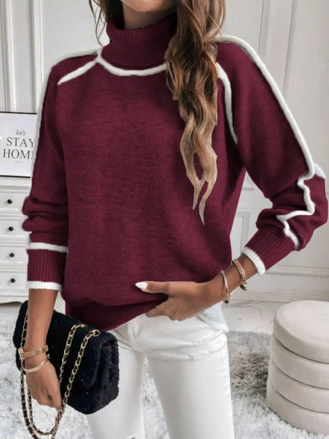 Full Size Turtleneck Contrast Trim Sweater Plus Size - Trendsi - Flyclothing LLC