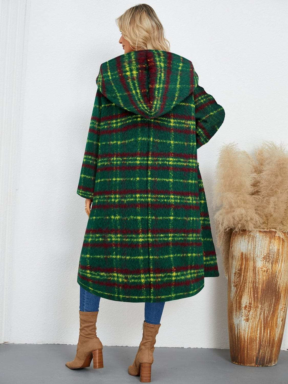 Plaid Long Sleeve Hooded Coat with Pockets - Trendsi - Flyclothing LLC