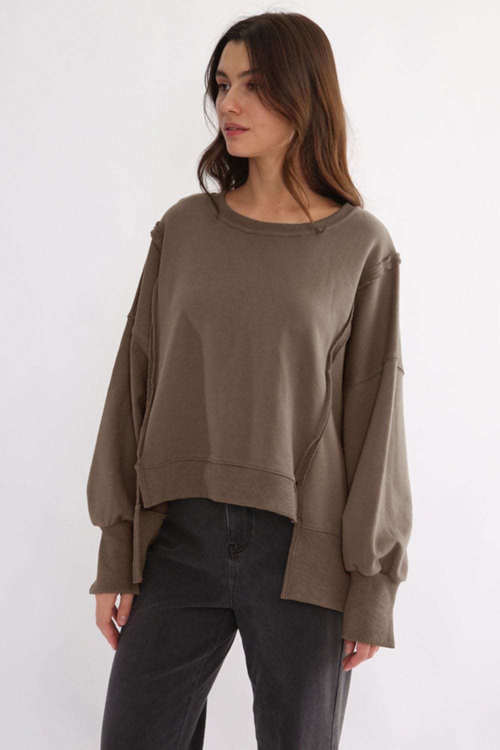 Exposed Seam High-Low Long Sleeve Sweatshirt - Trendsi - Flyclothing LLC