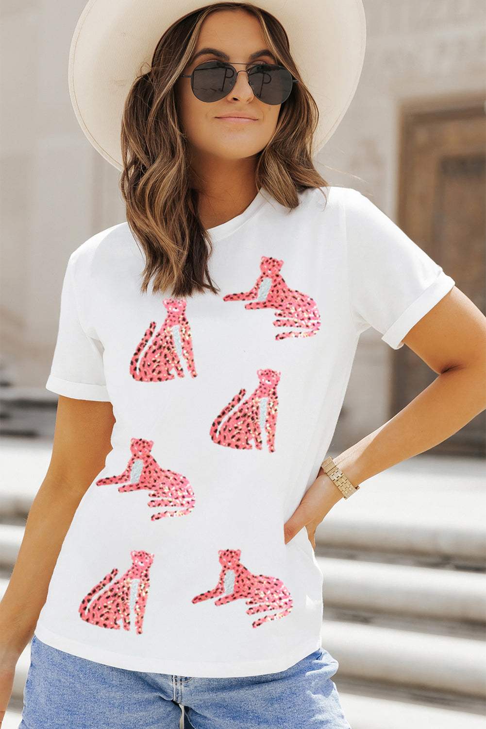 Sequin Leopard Round Neck Short Sleeve T-Shirt - Trendsi - Flyclothing LLC