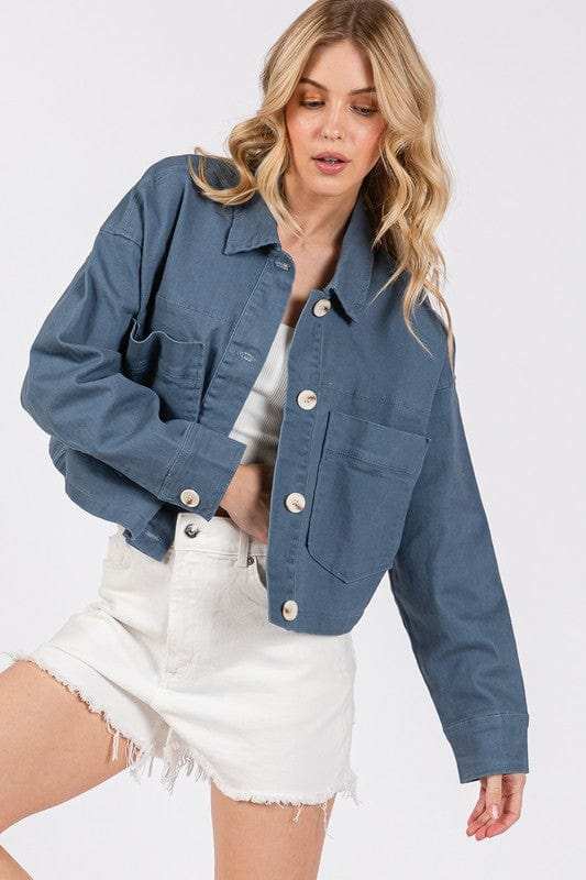 bytos Button Down Cropped Denim Jacket with Patch Pockets - Trendsi - Flyclothing LLC