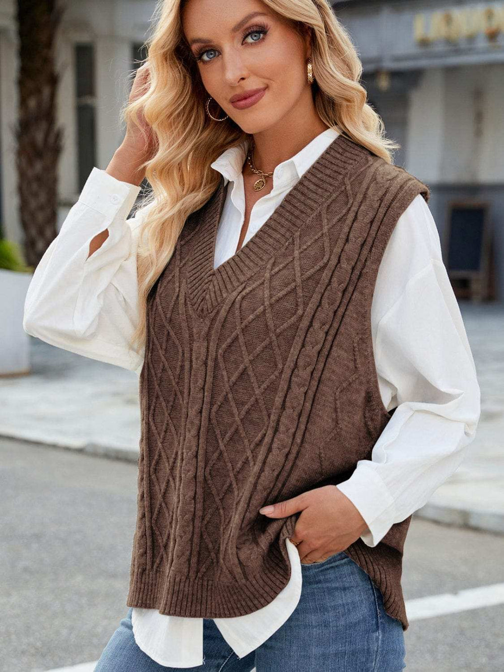 Cable Knit V-Neck Sweater Vest - Trendsi - Flyclothing LLC