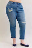Judy Blue Full Size Mid Rise Bf Patch & Repair Destroy Release Hem Jeans Plus Size - Trendsi - Flyclothing LLC