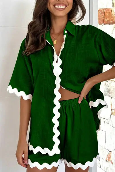 Contrast Trim Half Sleeve Top and Shorts Set - Trendsi - Flyclothing LLC