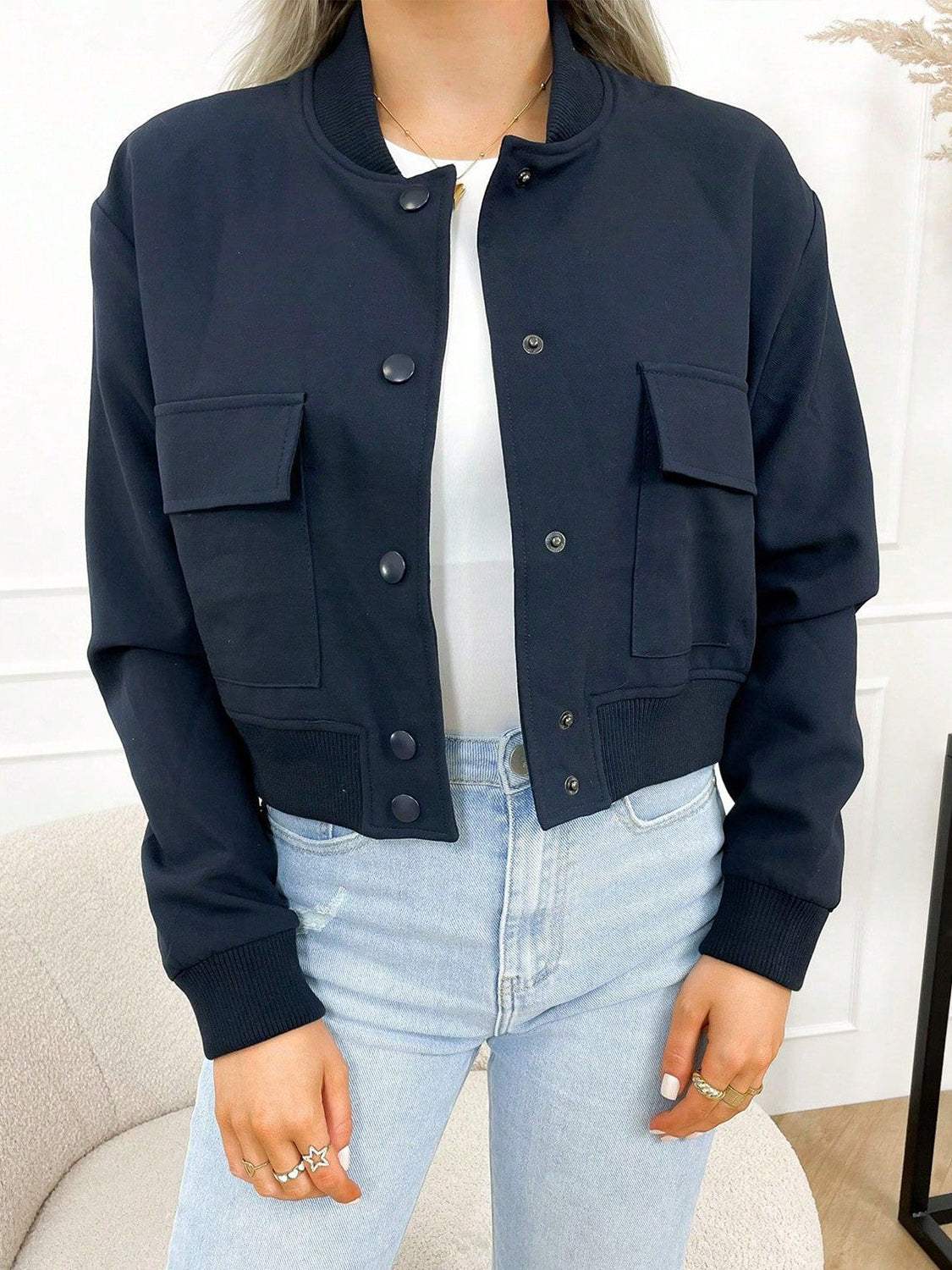 Pocketed Snap Down Baseball Collar Jacket - Trendsi - Flyclothing LLC