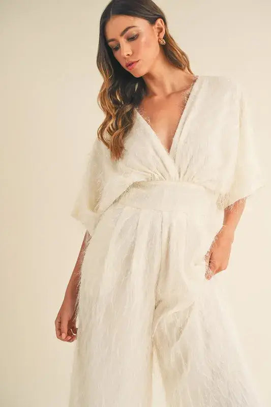 MABLE Fluffy Deep V Neck Wide Leg Jumpsuit - Trendsi - Flyclothing LLC