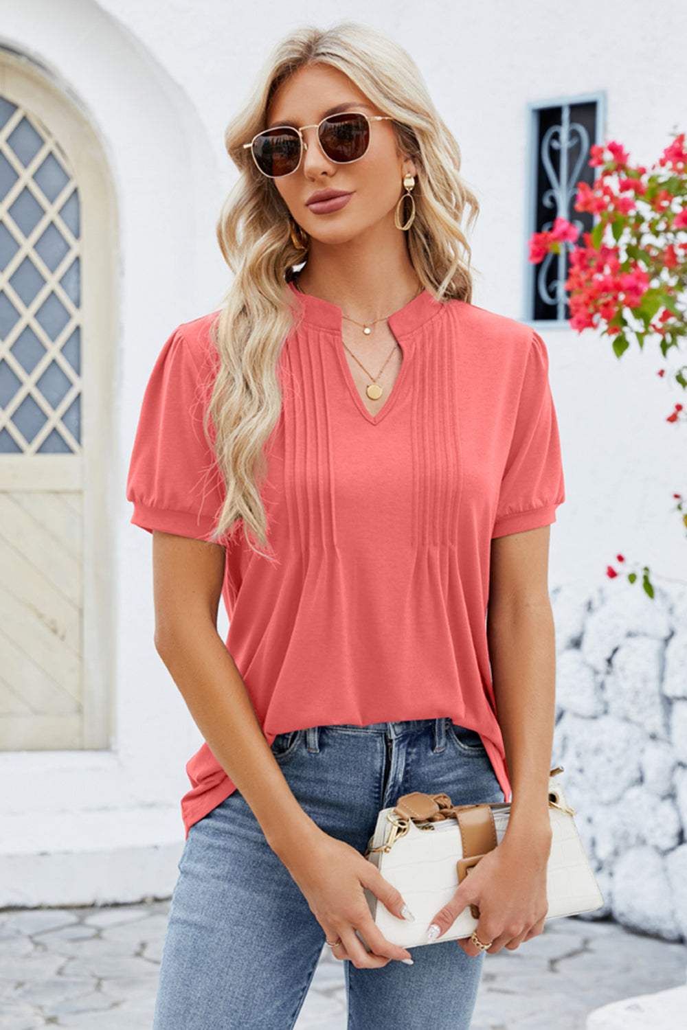 Notched Short Sleeve T-Shirt - Trendsi - Flyclothing LLC