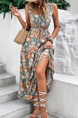 Floral Print Trimmed V Neck Tie Waist Sleeveless Dress - Trendsi - Flyclothing LLC