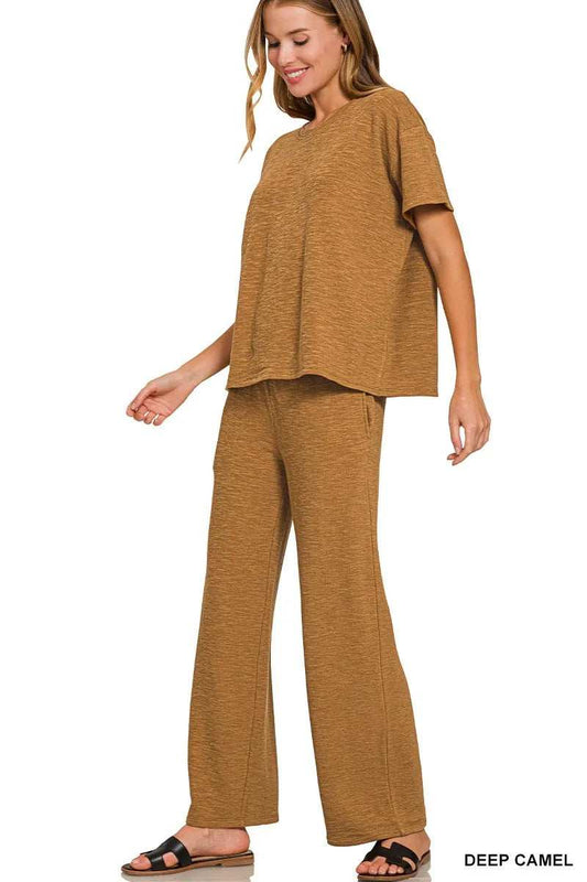 Zenana Slub Short Sleeve T-Shirt and Pants Set - Trendsi - Flyclothing LLC