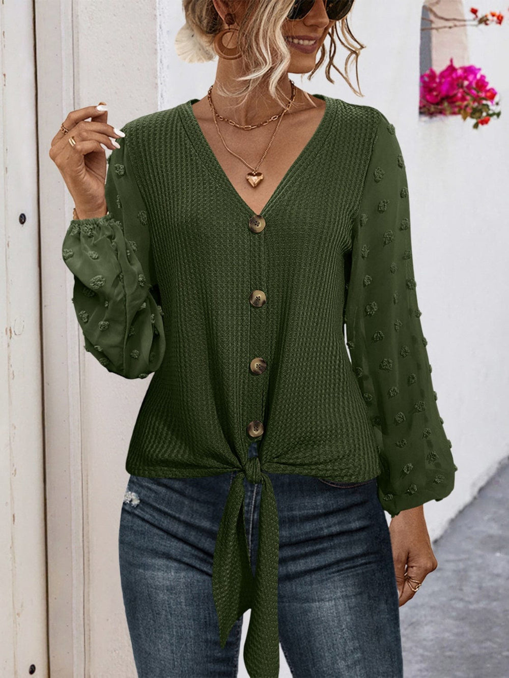 Tied Swiss Dot V-Neck Long Sleeve Blouse - Trendsi