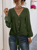 Tied Swiss Dot V-Neck Long Sleeve Blouse - Trendsi