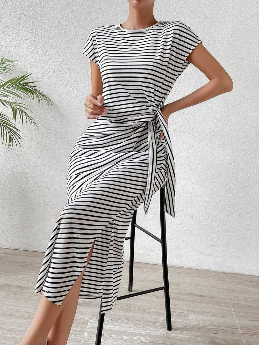 Tied Striped Round Neck Short Sleeve Tee Dress - Trendsi - Flyclothing LLC